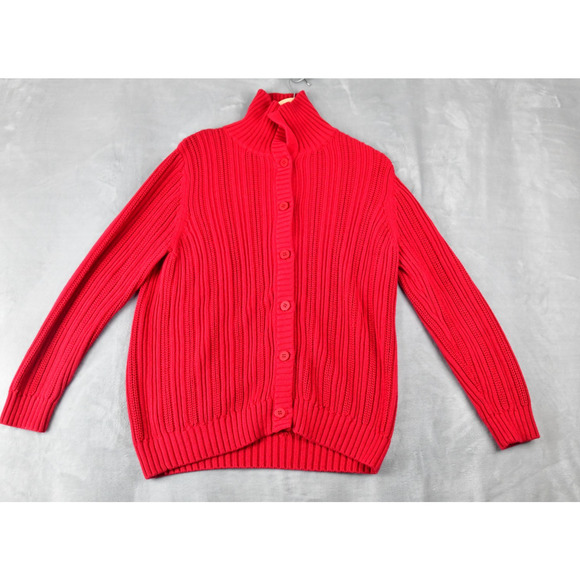 LL Bean Cardigan Womens XL Red Button Up Turtleneck Cable Knit Sweater Pima - Picture 3 of 8